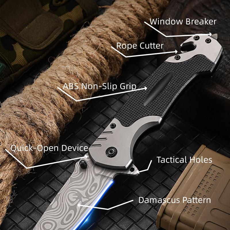 Glass breaker, rope cutter and textured grip features
